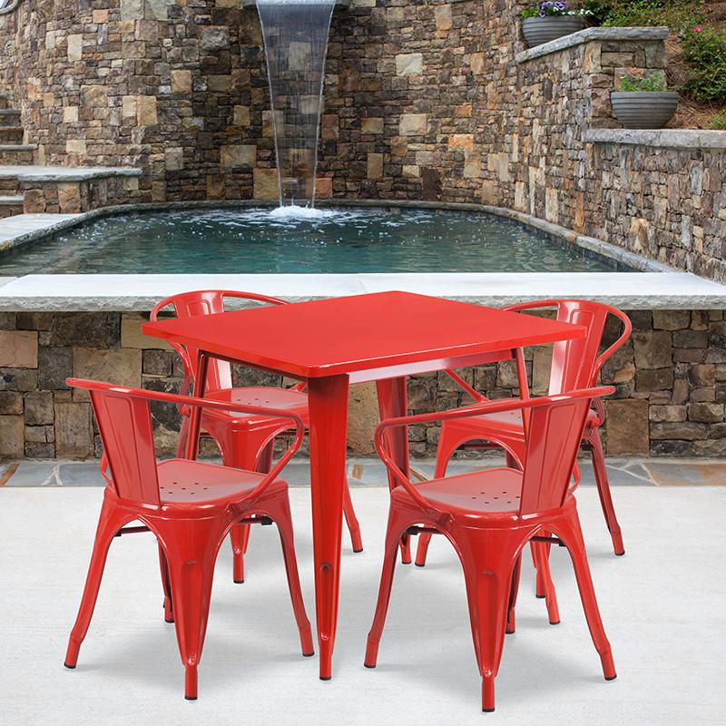 Commercial Grade 31.5" Square Red Metal Indoor-Outdoor Table Set with 4 Arm Chairs. Picture 4