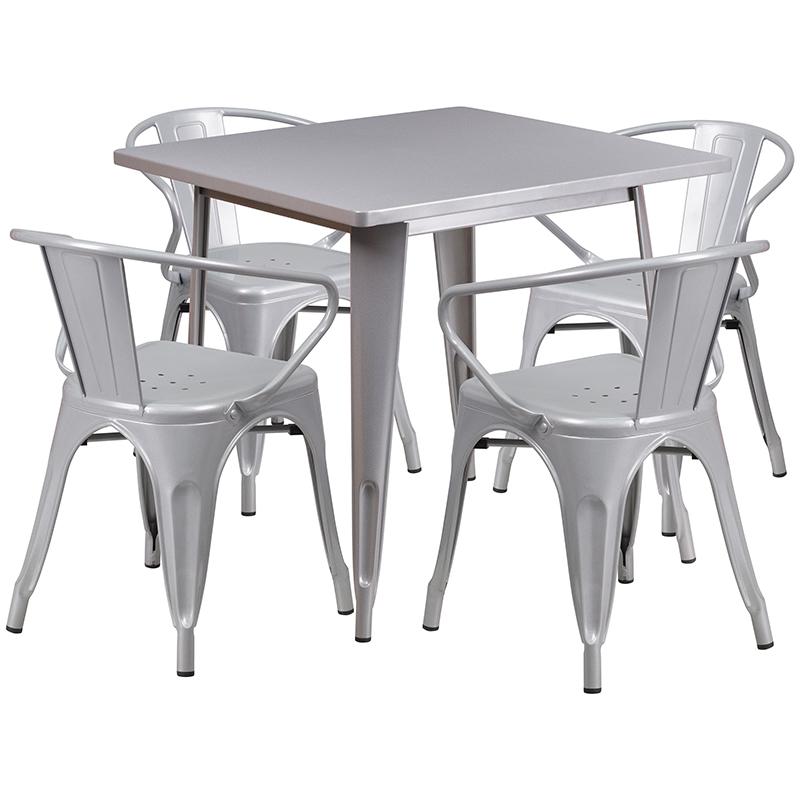Commercial Grade 31.5" Square Silver Metal Indoor-Outdoor Table Set with 4 Arm Chairs. Picture 1