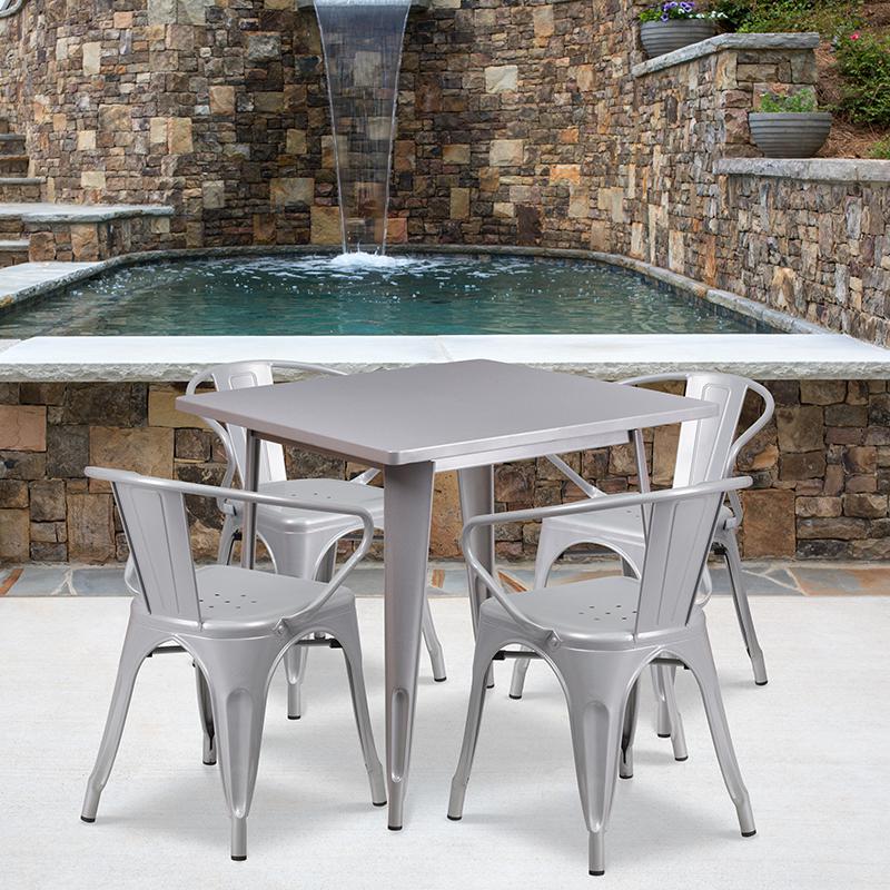 Commercial Grade 31.5" Square Silver Metal Indoor-Outdoor Table Set with 4 Arm Chairs. Picture 4