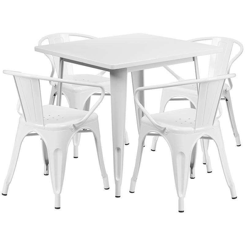 Commercial Grade 31.5" Square White Metal Indoor-Outdoor Table Set with 4 Arm Chairs. The main picture.