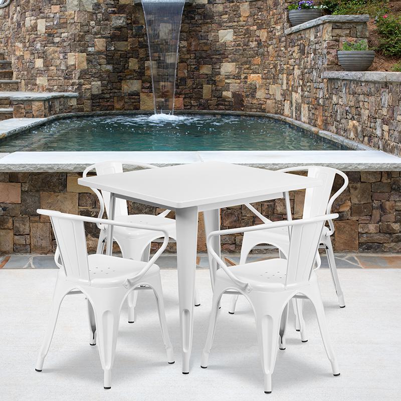Commercial Grade 31.5" Square White Metal Indoor-Outdoor Table Set with 4 Arm Chairs. Picture 4
