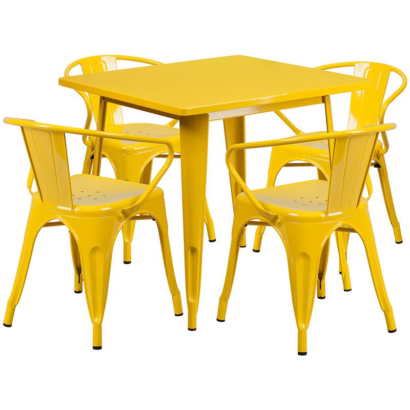 Commercial Grade 31.5" Square Yellow Metal Indoor-Outdoor Table Set with 4 Arm Chairs. Picture 1