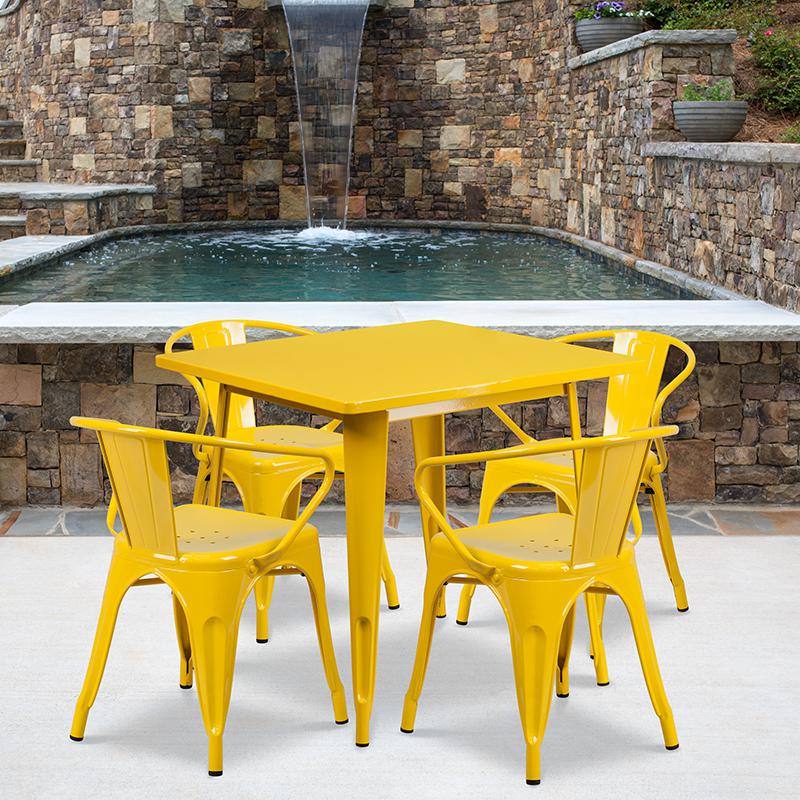 31.5'' Square Yellow Metal Indoor-Outdoor Table Set with 4 Arm Chairs. Picture 1