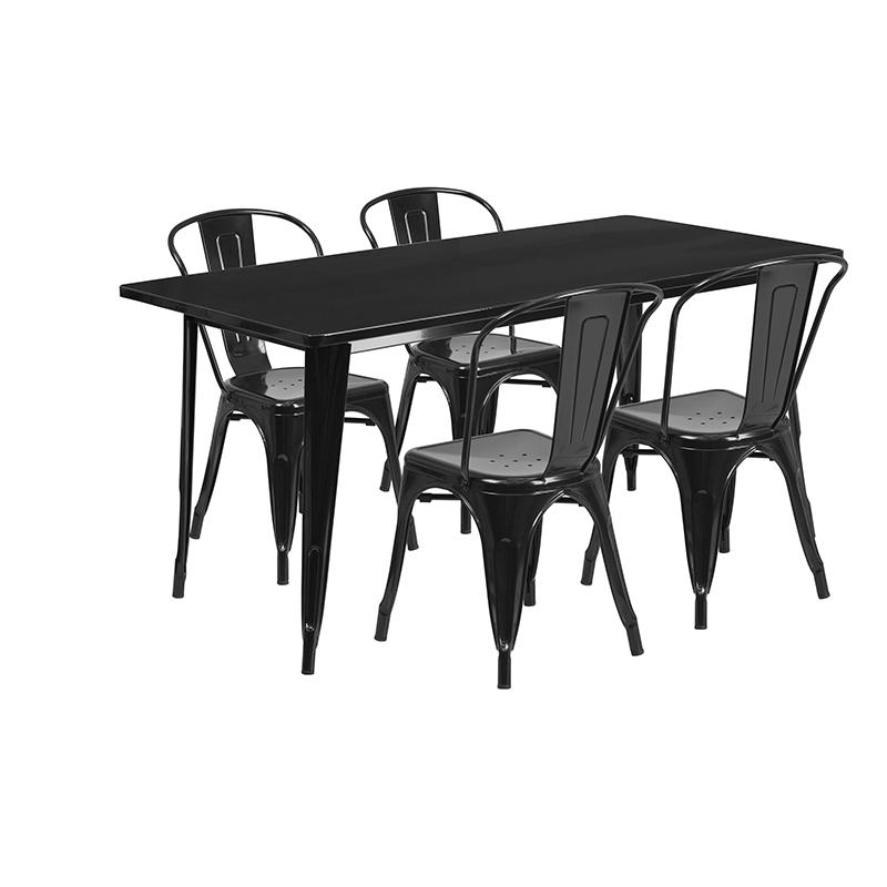 Commercial Grade 31.5" x 63" Rectangular Black Metal Indoor-Outdoor Table Set with 4 Stack Chairs. Picture 1