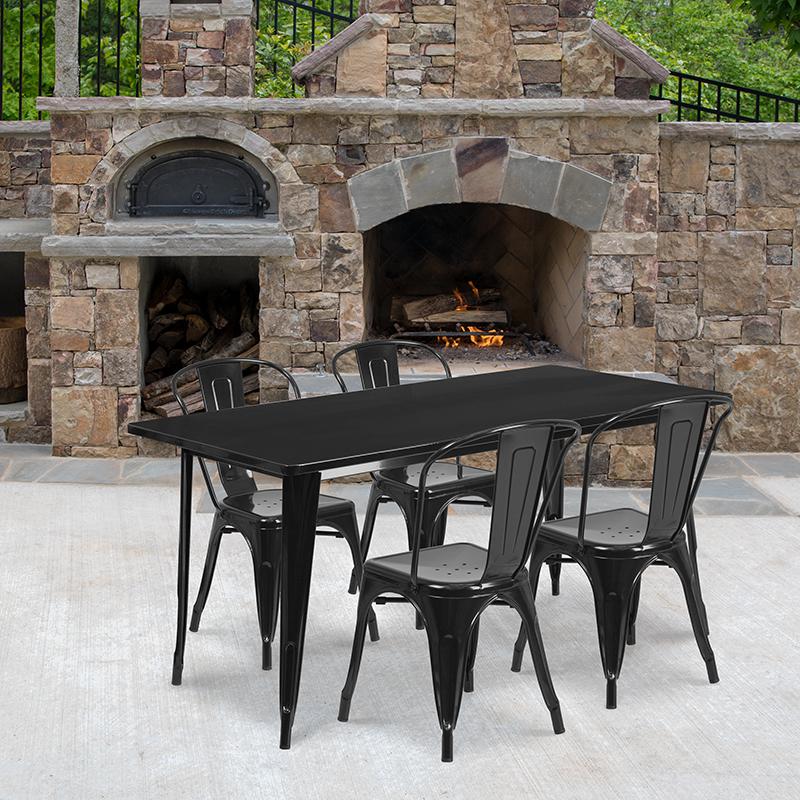 31.5" x 63" Rectangular Black Metal Indoor-Outdoor Table Set with 4 Stack Chairs. Picture 1