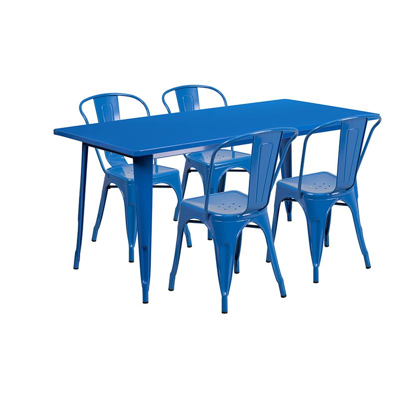 31.5" x 63" Rectangular Blue Metal Indoor-Outdoor Table Set with 4 Stack Chairs. Picture 2