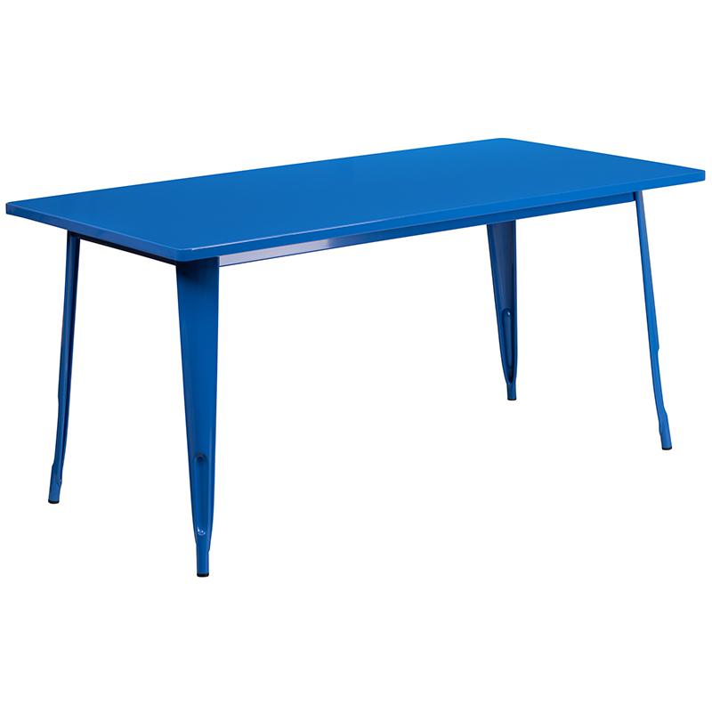 31.5''x63'' Rectangular Blue Metal Indoor-Outdoor Table Set with 4 Stack Chairs. Picture 4