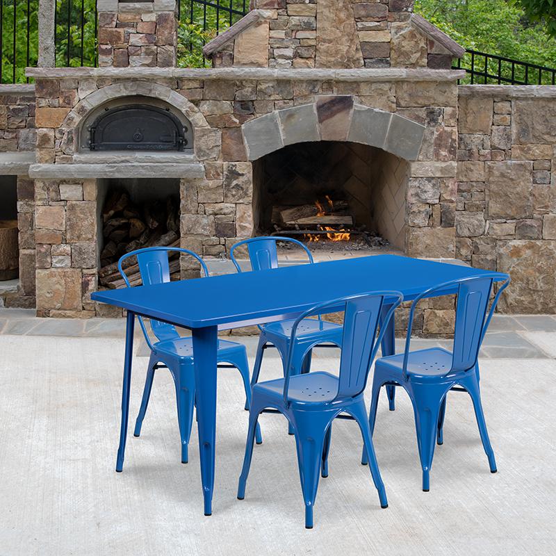 31.5" x 63" Rectangular Blue Metal Indoor-Outdoor Table Set with 4 Stack Chairs. Picture 1