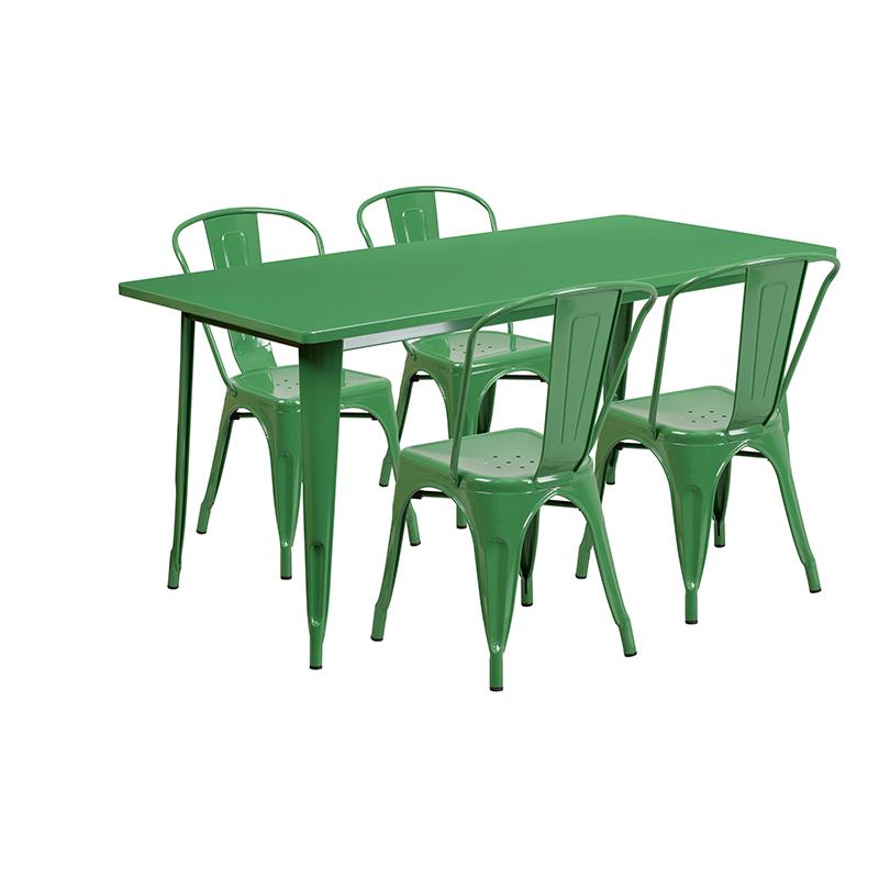 Commercial Grade 31.5" x 63" Rectangular Green Metal Indoor-Outdoor Table Set with 4 Stack Chairs. Picture 1