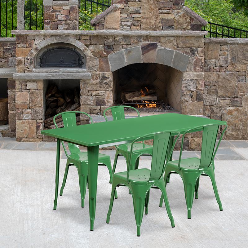 Commercial Grade 31.5" x 63" Rectangular Green Metal Indoor-Outdoor Table Set with 4 Stack Chairs. Picture 4