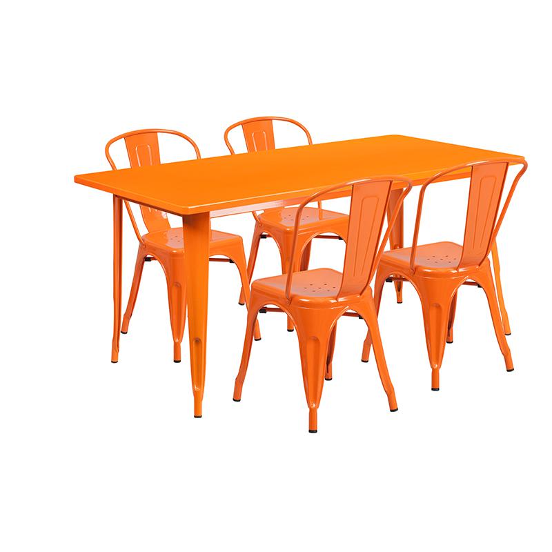 Commercial Grade 31.5" x 63" Rectangular Orange Metal Indoor-Outdoor Table Set with 4 Stack Chairs. The main picture.