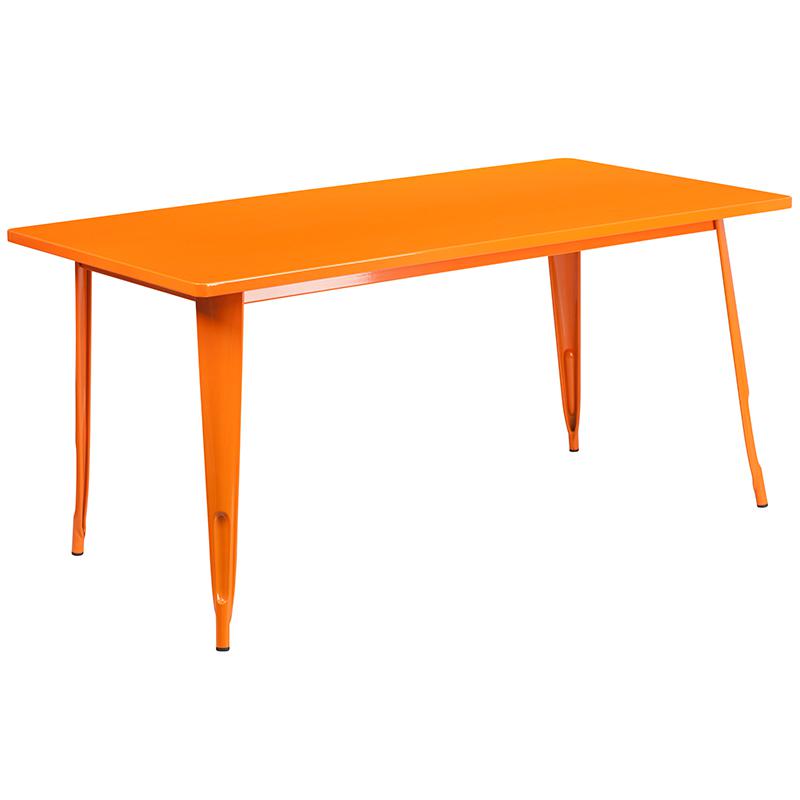 Commercial Grade 31.5" x 63" Rectangular Orange Metal Indoor-Outdoor Table Set with 4 Stack Chairs. Picture 2