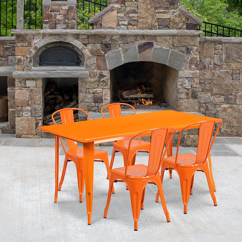 Commercial Grade 31.5" x 63" Rectangular Orange Metal Indoor-Outdoor Table Set with 4 Stack Chairs. Picture 4