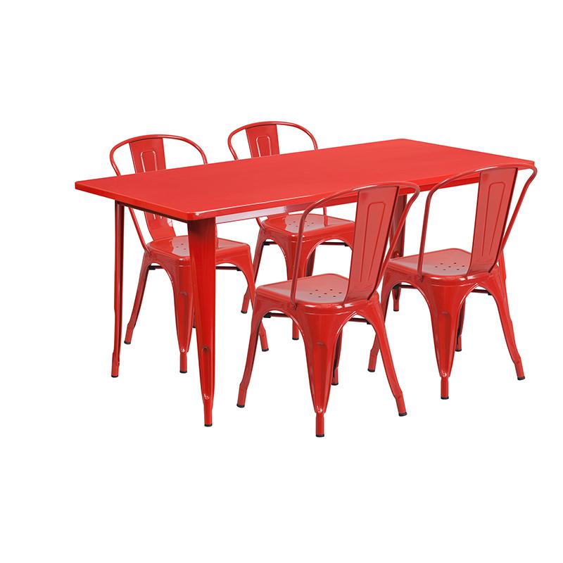 Commercial Grade 31.5" x 63" Rectangular Red Metal Indoor-Outdoor Table Set with 4 Stack Chairs. The main picture.