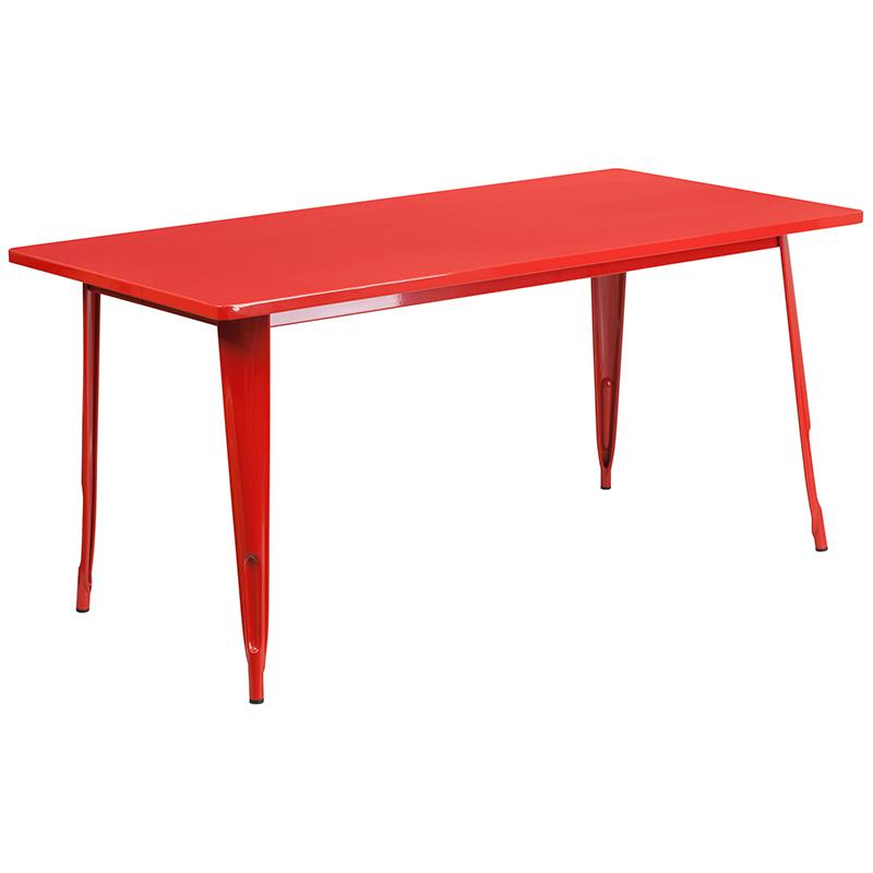 Commercial Grade 31.5" x 63" Rectangular Red Metal Indoor-Outdoor Table Set with 4 Stack Chairs. Picture 2