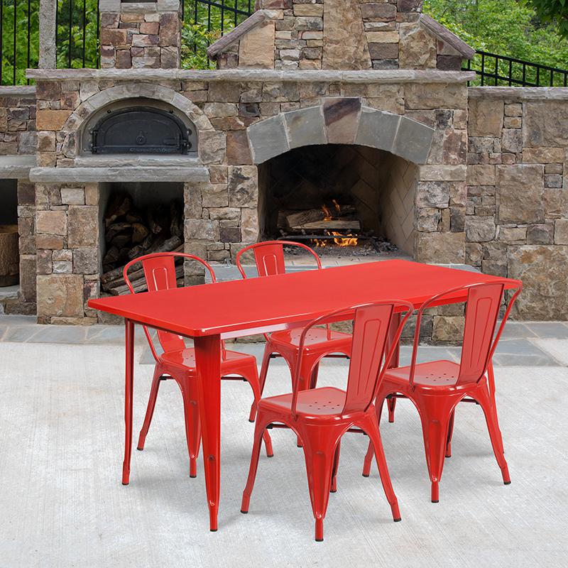 Commercial Grade 31.5" x 63" Rectangular Red Metal Indoor-Outdoor Table Set with 4 Stack Chairs. Picture 4