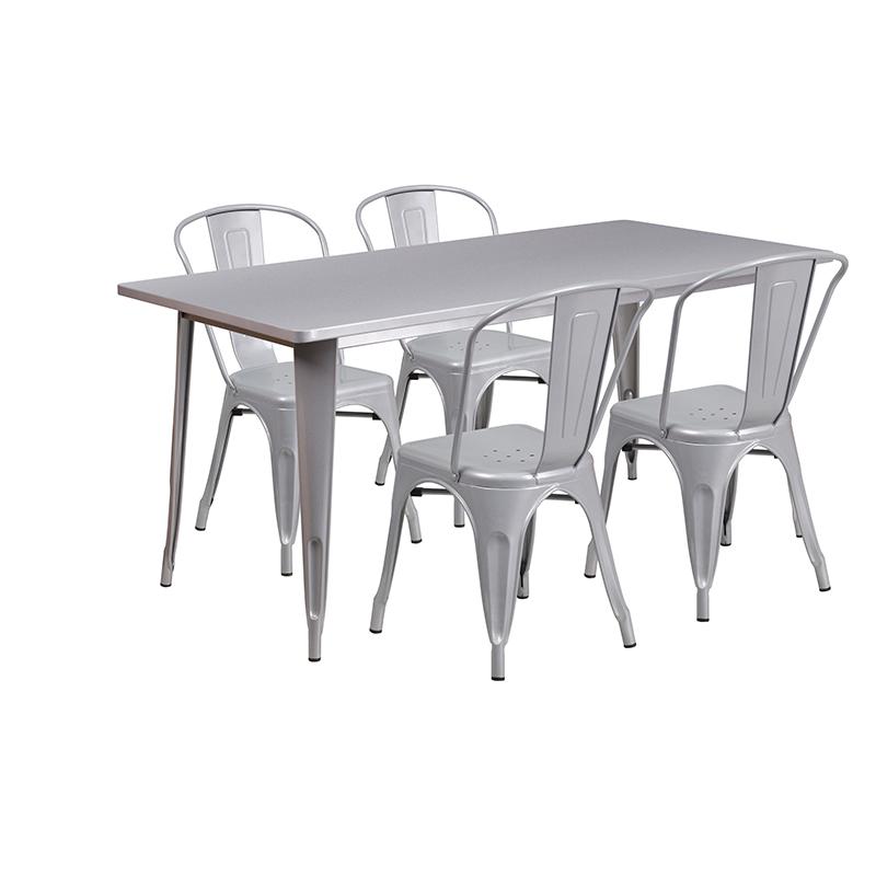 Commercial Grade 31.5" x 63" Rectangular Silver Metal Indoor-Outdoor Table Set with 4 Stack Chairs. Picture 1