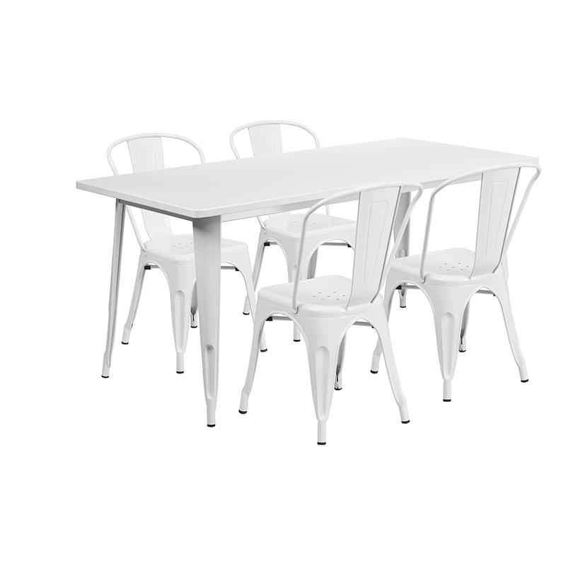 31.5" x 63" Rectangular White Metal Indoor-Outdoor Table Set with 4 Stack Chairs. Picture 2