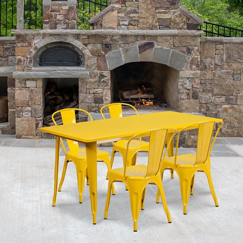 Commercial Grade 31.5" x 63" Rectangular Yellow Metal Indoor-Outdoor Table Set with 4 Stack Chairs. Picture 4