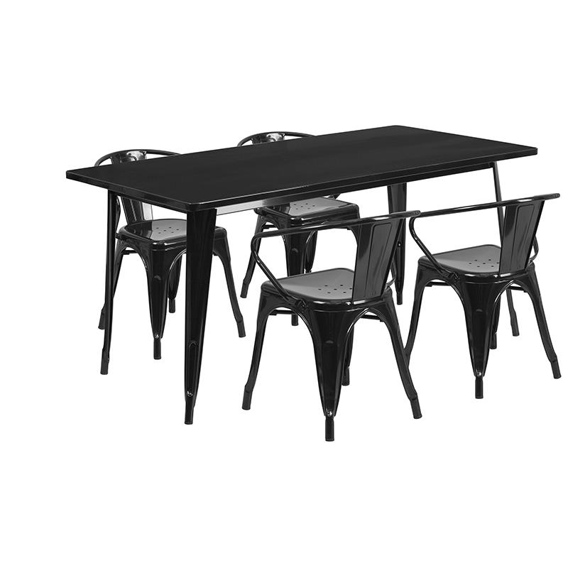 Commercial Grade 31.5" x 63" Rectangular Black Metal Indoor-Outdoor Table Set with 4 Arm Chairs. The main picture.