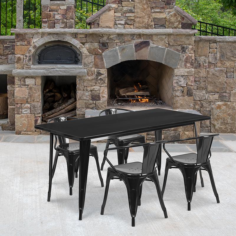 Commercial Grade 31.5" x 63" Rectangular Black Metal Indoor-Outdoor Table Set with 4 Arm Chairs. Picture 4