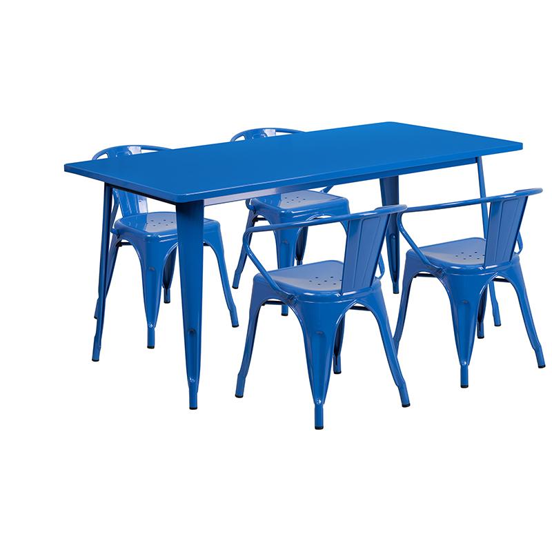Commercial Grade 31.5" x 63" Rectangular Blue Metal Indoor-Outdoor Table Set with 4 Arm Chairs. Picture 1