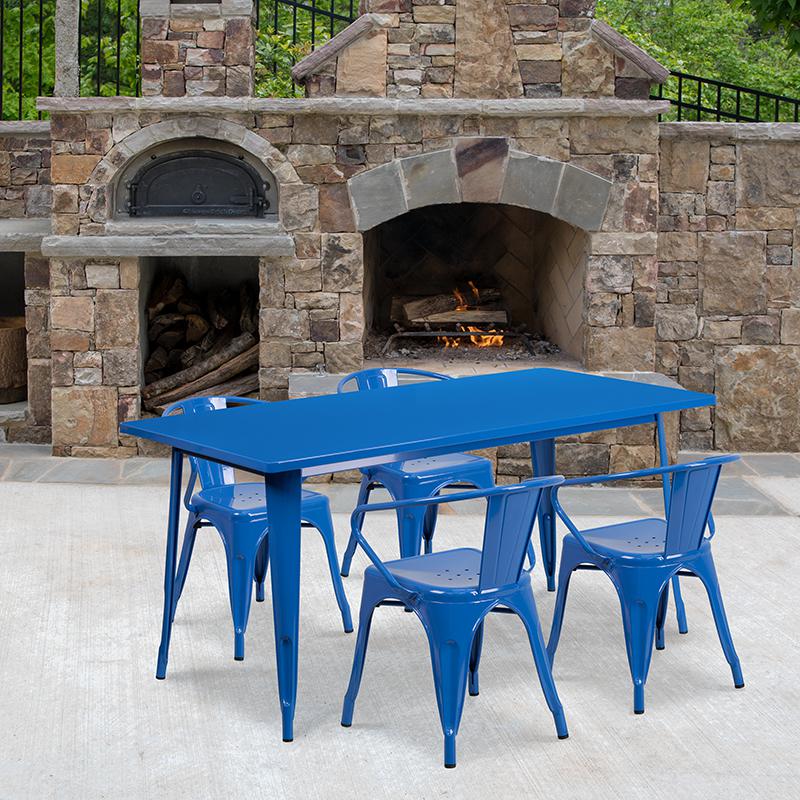 Commercial Grade 31.5" x 63" Rectangular Blue Metal Indoor-Outdoor Table Set with 4 Arm Chairs. Picture 4