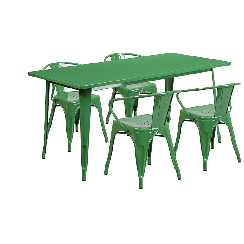 31.5'' x 63'' Rectangular Green Metal Indoor-Outdoor Table Set with 4 Arm Chairs. Picture 2