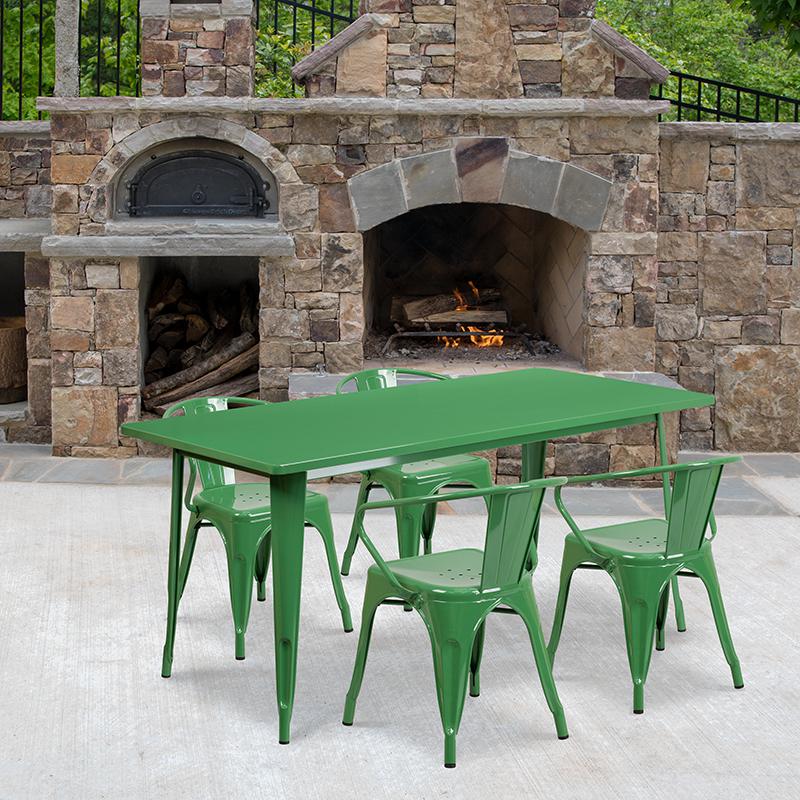 31.5'' x 63'' Rectangular Green Metal Indoor-Outdoor Table Set with 4 Arm Chairs. Picture 1