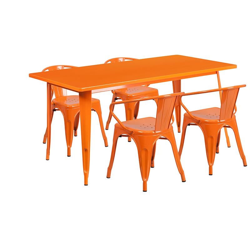 Commercial Grade 31.5" x 63" Rectangular Orange Metal Indoor-Outdoor Table Set with 4 Arm Chairs. Picture 1