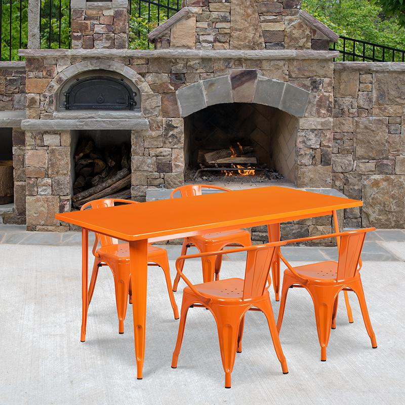 Commercial Grade 31.5" x 63" Rectangular Orange Metal Indoor-Outdoor Table Set with 4 Arm Chairs. Picture 4