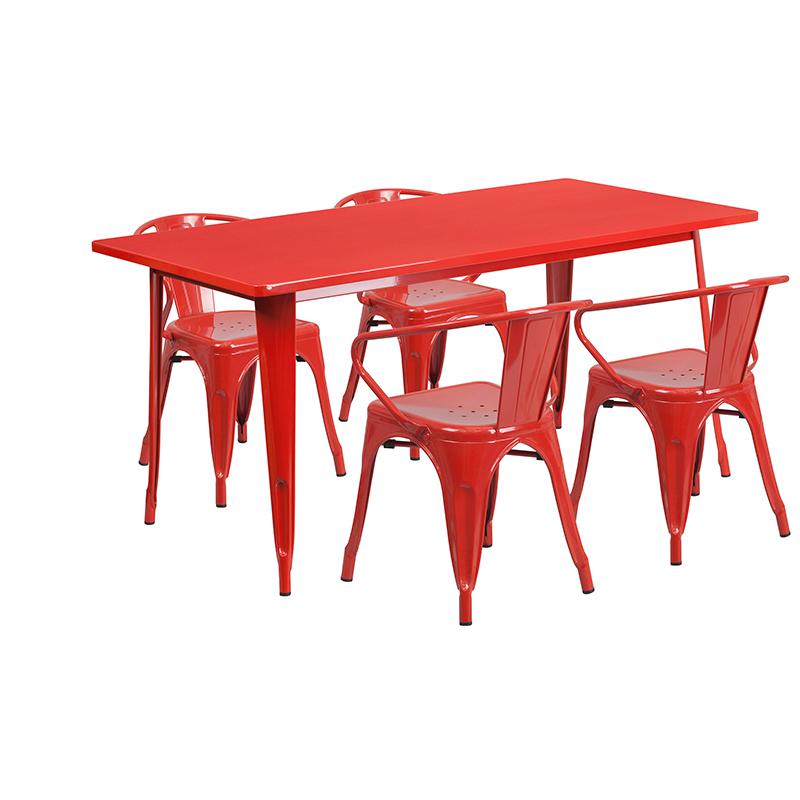 Commercial Grade 31.5" x 63" Rectangular Red Metal Indoor-Outdoor Table Set with 4 Arm Chairs. Picture 1