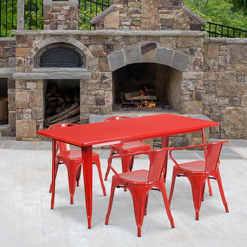 Commercial Grade 31.5" x 63" Rectangular Red Metal Indoor-Outdoor Table Set with 4 Arm Chairs. Picture 4