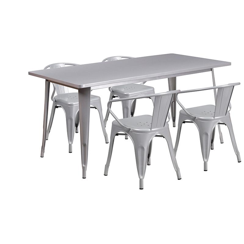 31.5''x63'' Rectangular Silver Metal Indoor-Outdoor Table Set with 4 Arm Chairs. Picture 2