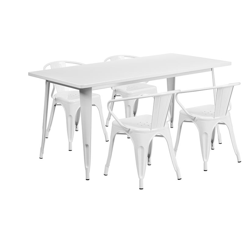 Commercial Grade 31.5" x 63" Rectangular White Metal Indoor-Outdoor Table Set with 4 Arm Chairs. Picture 1