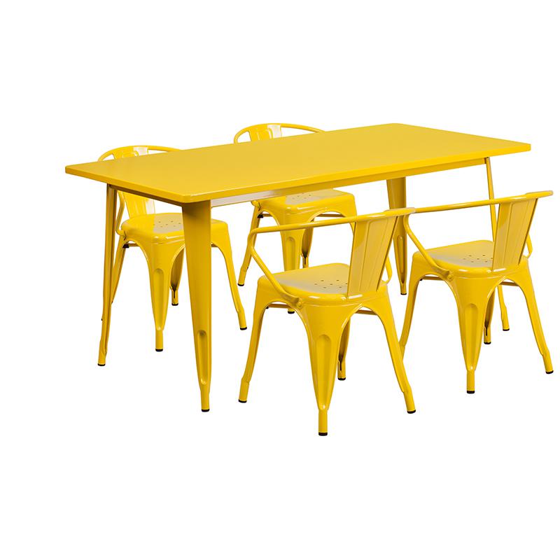 Commercial Grade 31.5" x 63" Rectangular Yellow Metal Indoor-Outdoor Table Set with 4 Arm Chairs. Picture 1