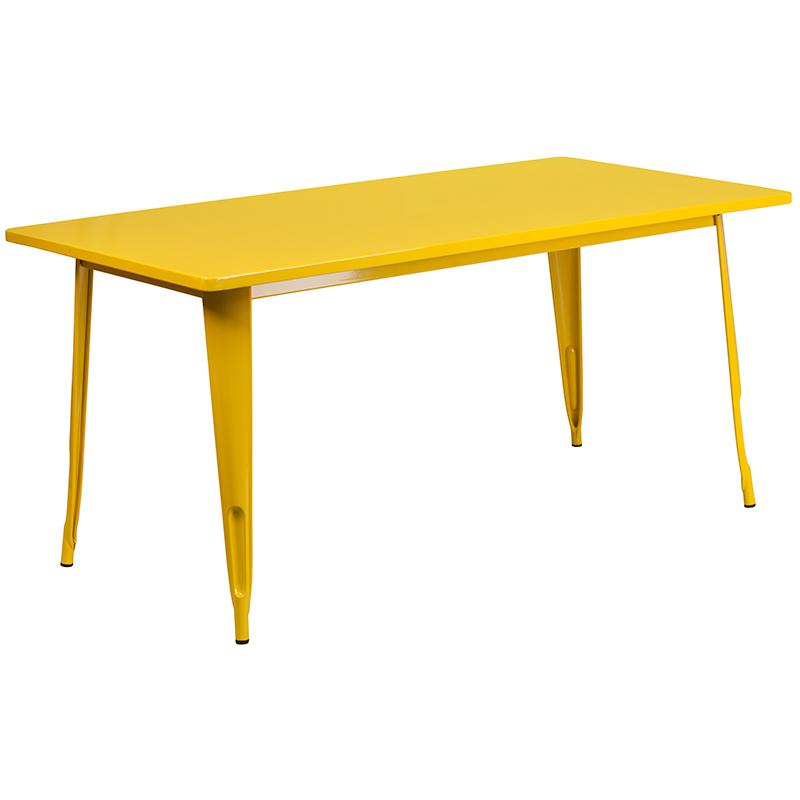 Commercial Grade 31.5" x 63" Rectangular Yellow Metal Indoor-Outdoor Table Set with 4 Arm Chairs. Picture 2