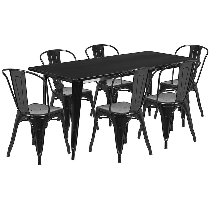 1.5" x 63" Rectangular Black Metal Indoor-Outdoor Table Set with 6 Stack Chairs. Picture 2