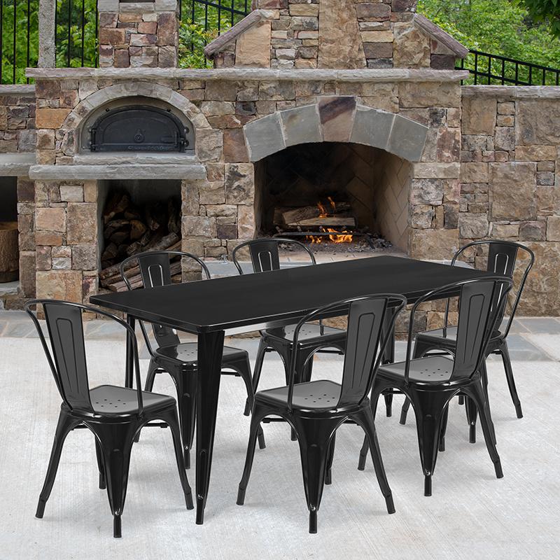 1.5" x 63" Rectangular Black Metal Indoor-Outdoor Table Set with 6 Stack Chairs. Picture 1
