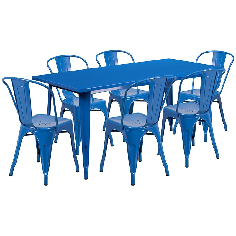 1.5" x 63" Rectangular Blue Metal Indoor-Outdoor Table Set with 6 Stack Chairs. Picture 2