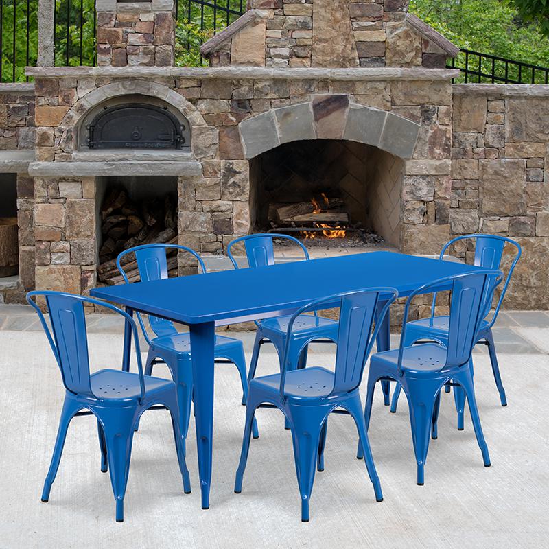1.5" x 63" Rectangular Blue Metal Indoor-Outdoor Table Set with 6 Stack Chairs. Picture 1
