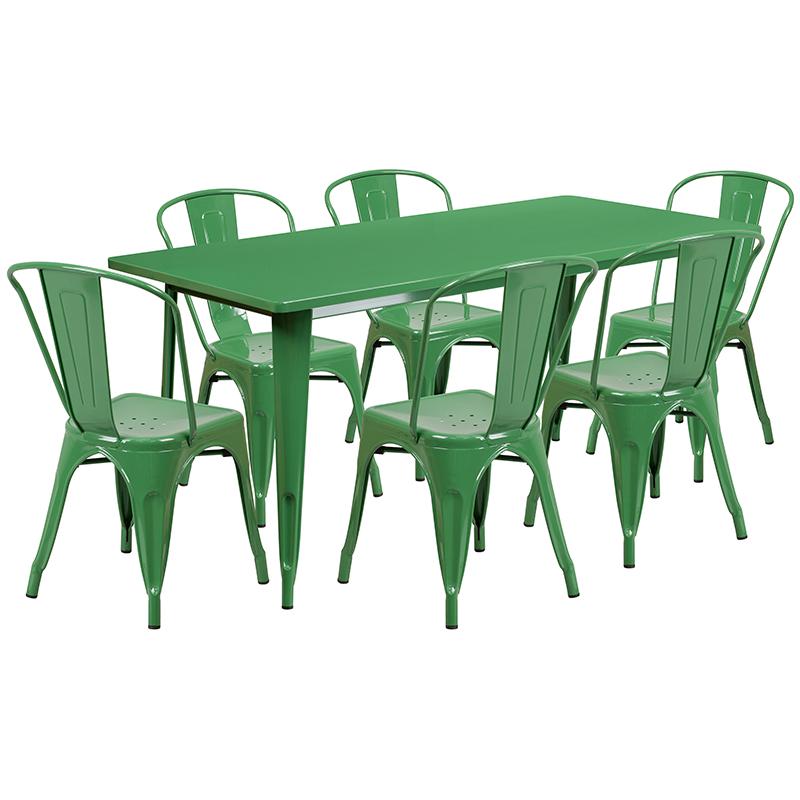 1.5" x 63" Rectangular Green Metal Indoor-Outdoor Table Set with 6 Stack Chairs. Picture 2