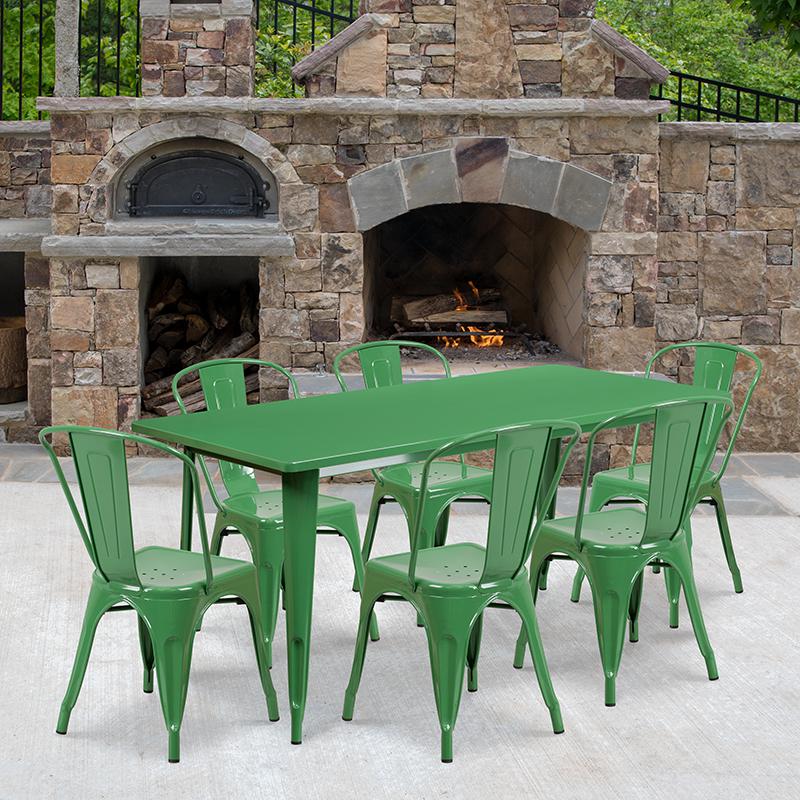1.5" x 63" Rectangular Green Metal Indoor-Outdoor Table Set with 6 Stack Chairs. Picture 1