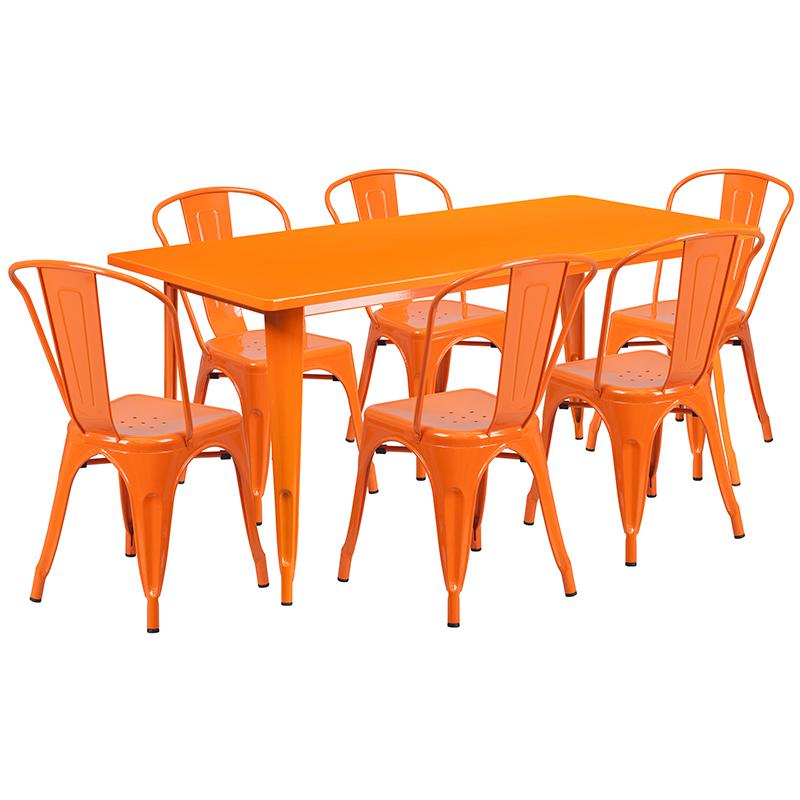 Commercial Grade 31.5" x 63" Rectangular Orange Metal Indoor-Outdoor Table Set with 6 Stack Chairs. Picture 1
