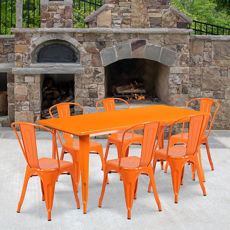 Commercial Grade 31.5" x 63" Rectangular Orange Metal Indoor-Outdoor Table Set with 6 Stack Chairs. Picture 4