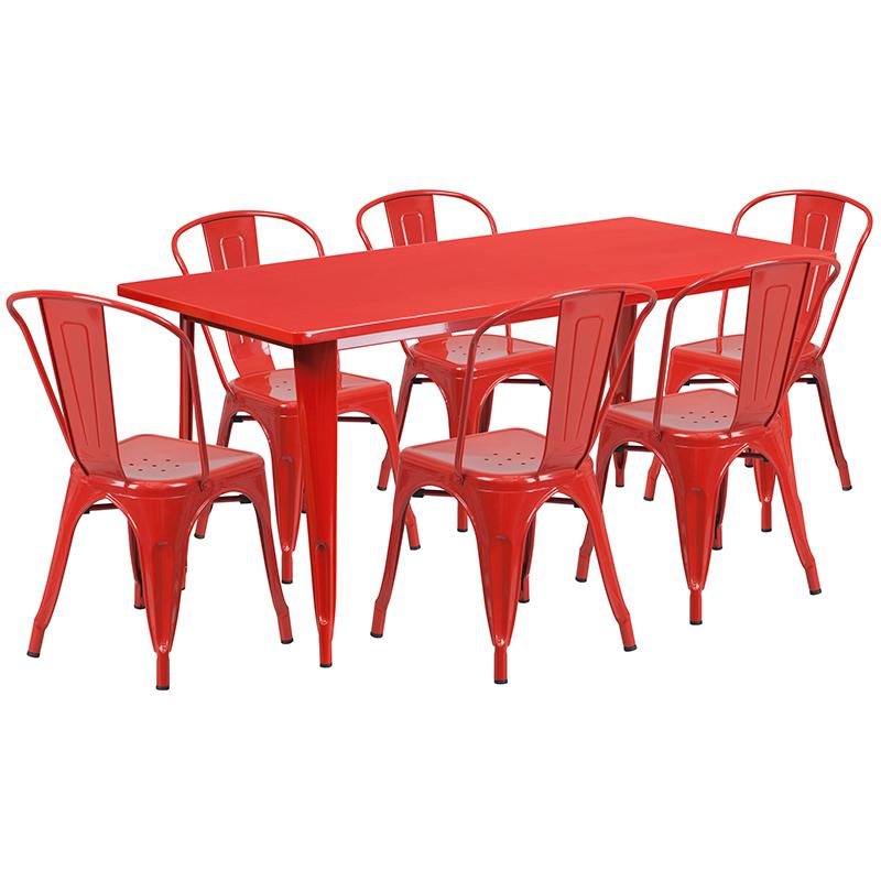 31.5'' x 63'' Rectangular Red Metal Indoor-Outdoor Table Set with 6 Stack Chairs. Picture 2