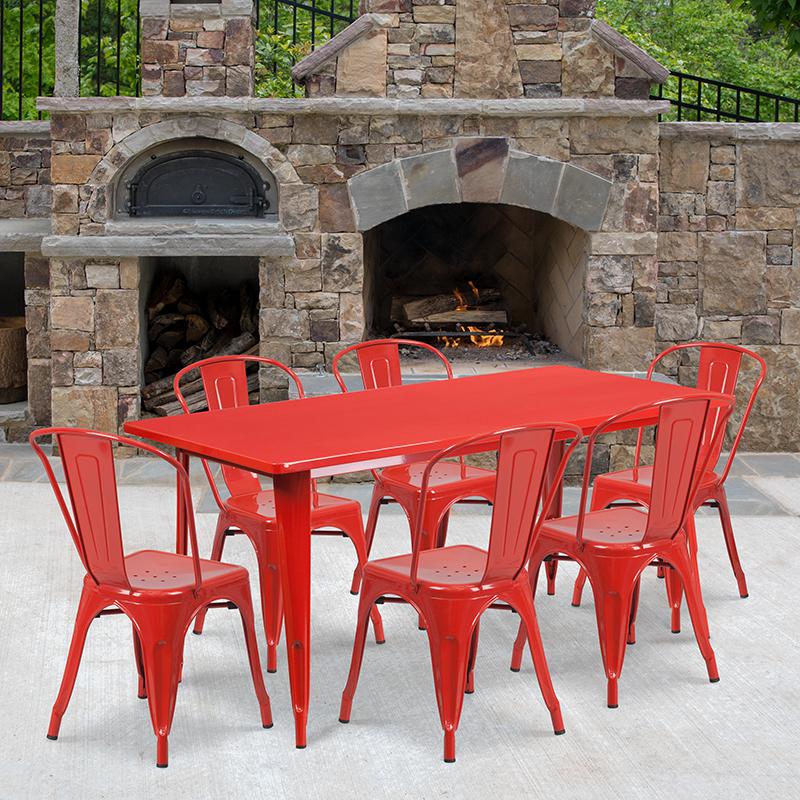31.5'' x 63'' Rectangular Red Metal Indoor-Outdoor Table Set with 6 Stack Chairs. The main picture.