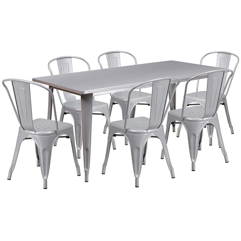 Commercial Grade 31.5" x 63" Rectangular Silver Metal Indoor-Outdoor Table Set with 6 Stack Chairs. The main picture.