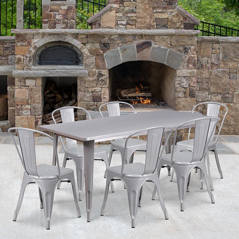 Commercial Grade 31.5" x 63" Rectangular Silver Metal Indoor-Outdoor Table Set with 6 Stack Chairs. Picture 4
