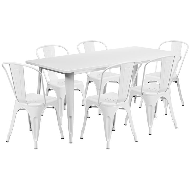 1.5" x 63" Rectangular White Metal Indoor-Outdoor Table Set with 6 Stack Chairs. Picture 2